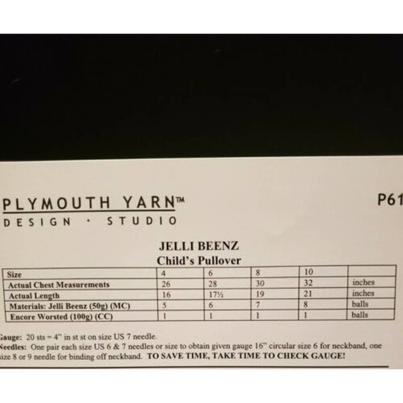 New Plymouth Yarn P619 Jelli Beenz Child's Pullover Sweater Knitting Pattern - Picture 3 of 3